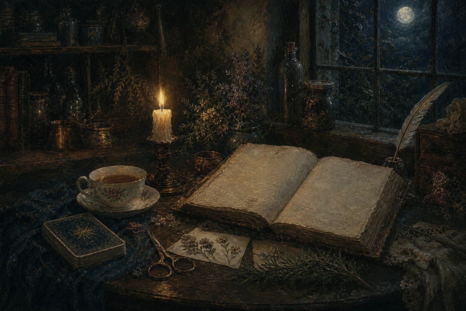 Open grimoire on a wooden desk with candle and pressed herbs