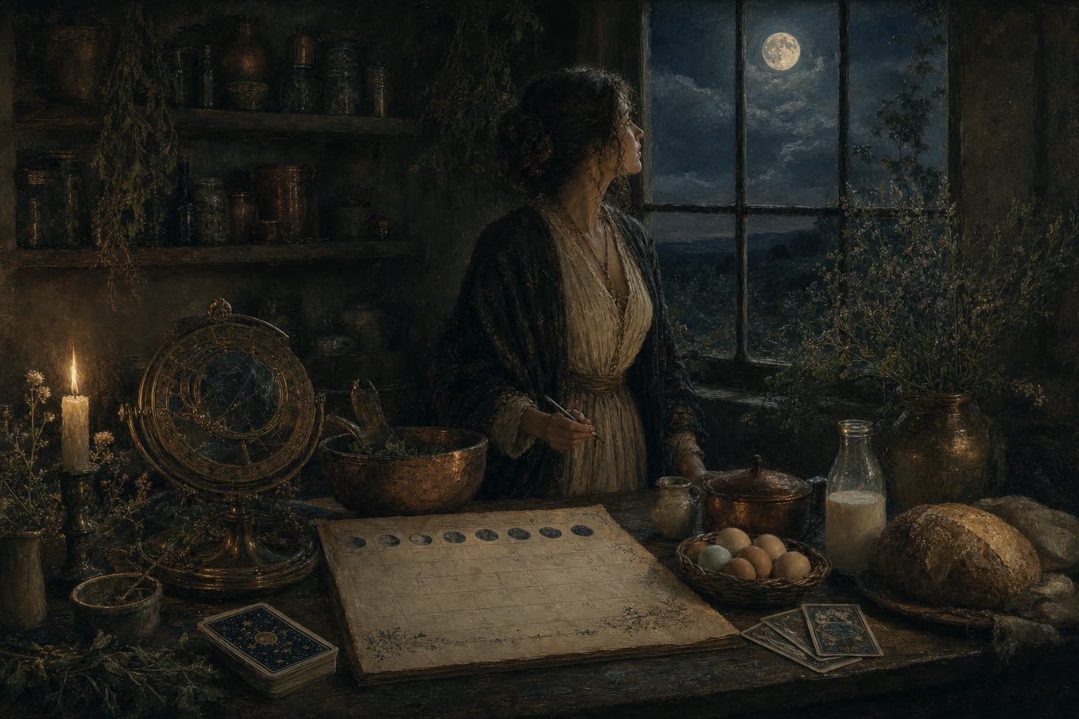 A candlelit lunar meal planning table with a moon window, brass astrolabe, herbs, eggs, bread, and tarot cards.