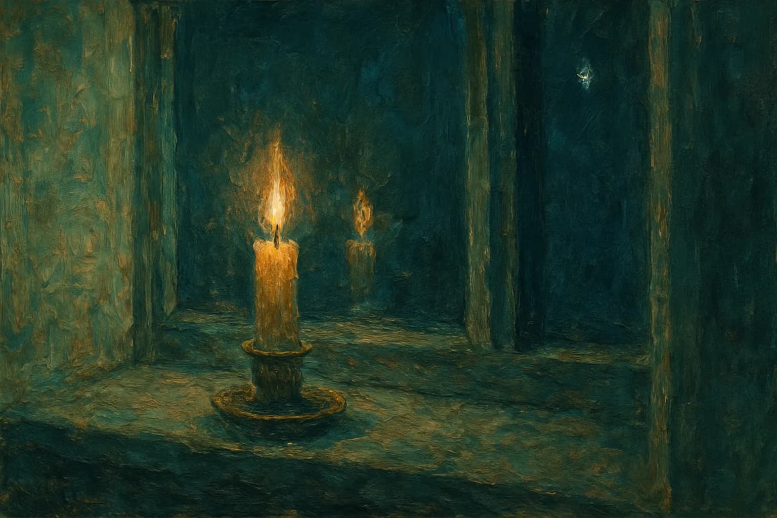 A glowing candle in a window frame against the dark night outside.