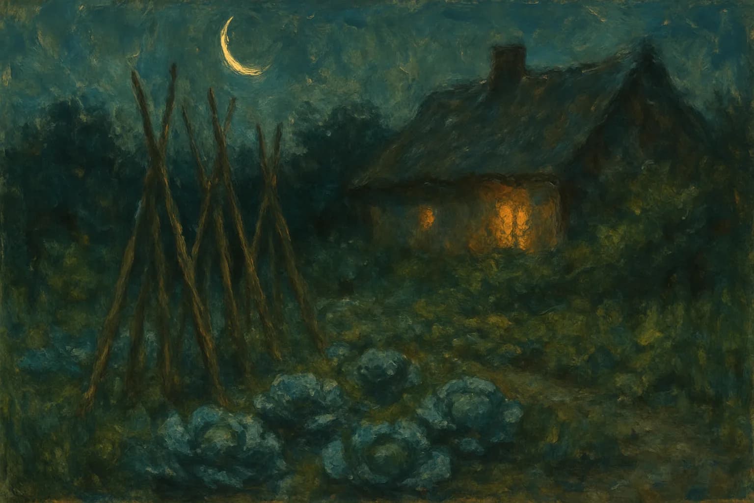 A crescent moon rising above a garden, pale light illuminating the plants below.