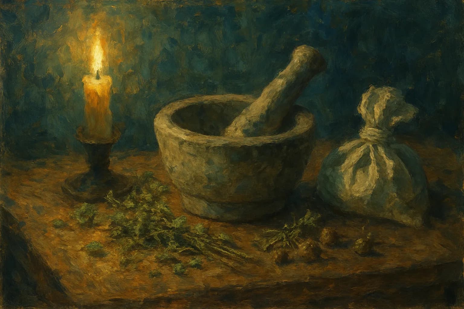 A Monet-style impressionist painting of still mortar pestle in soft, witchy aesthetic.