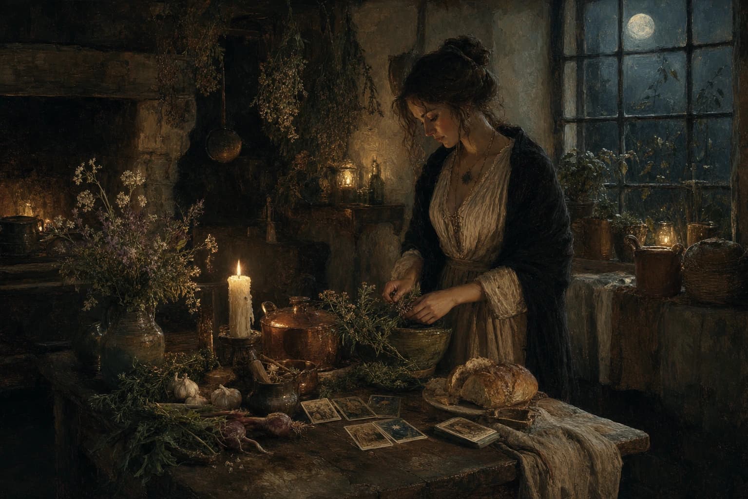 A candlelit kitchen altar with herbs, tarot cards, and copper pots