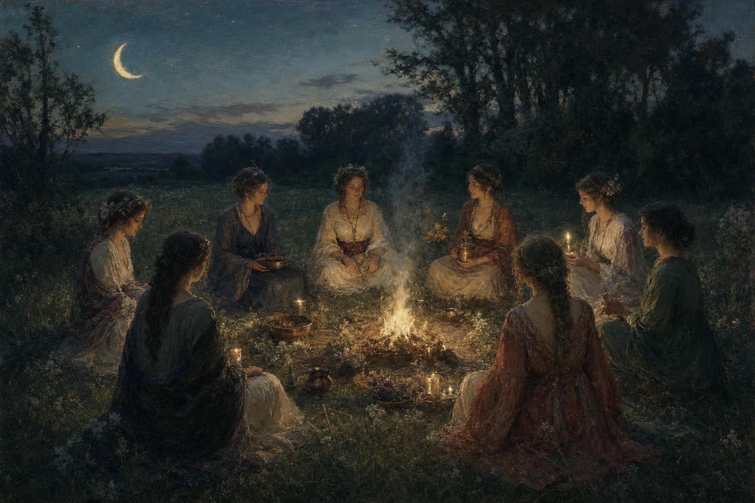 A moonlit ritual circle gathered around a small fire in a meadow.