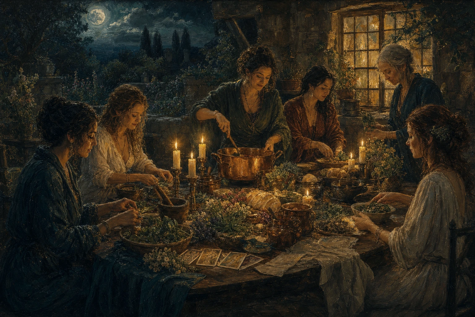 A long table gathering with shared dishes and candles