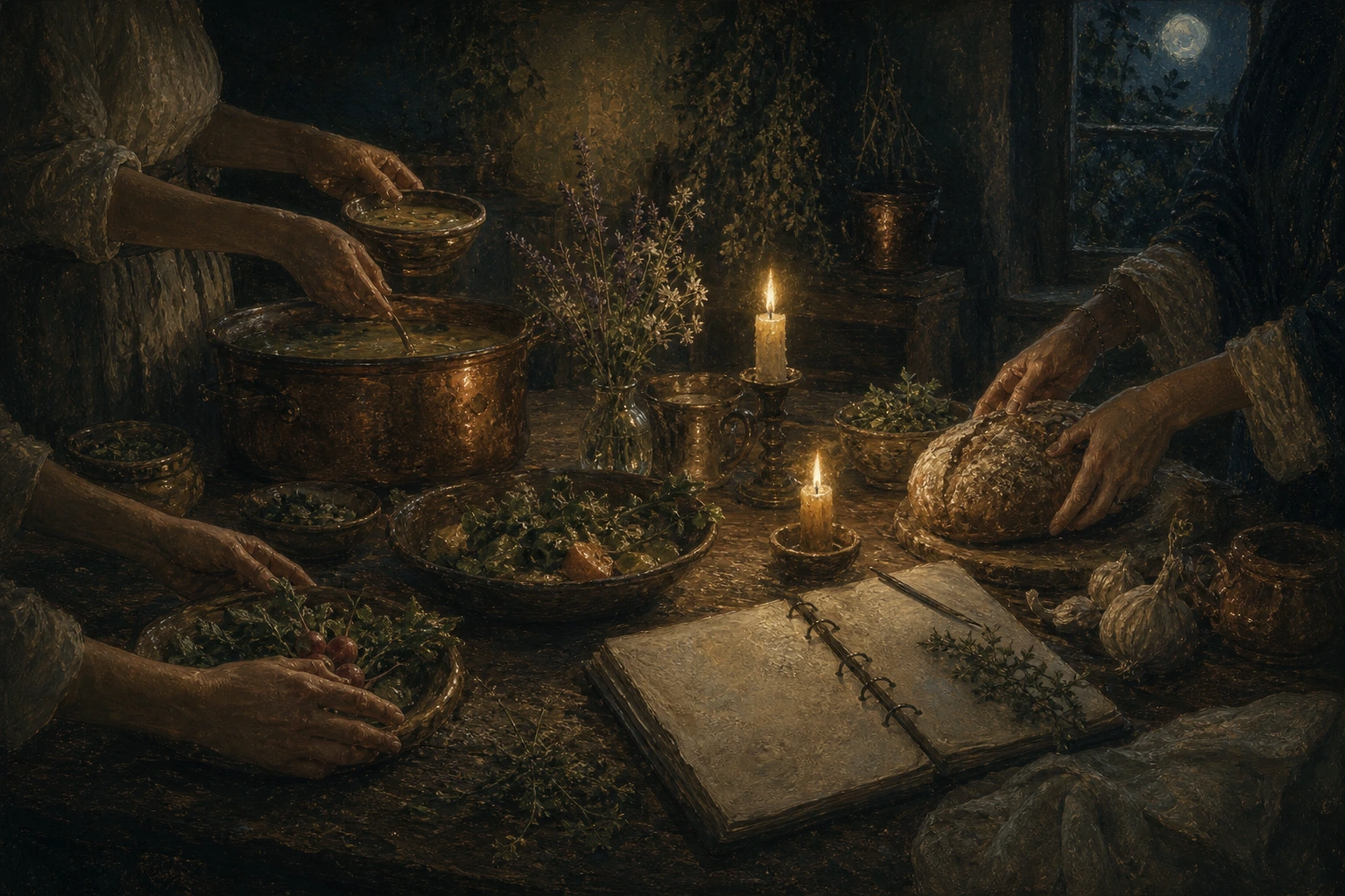 Family table set with seasonal food in warm candlelight