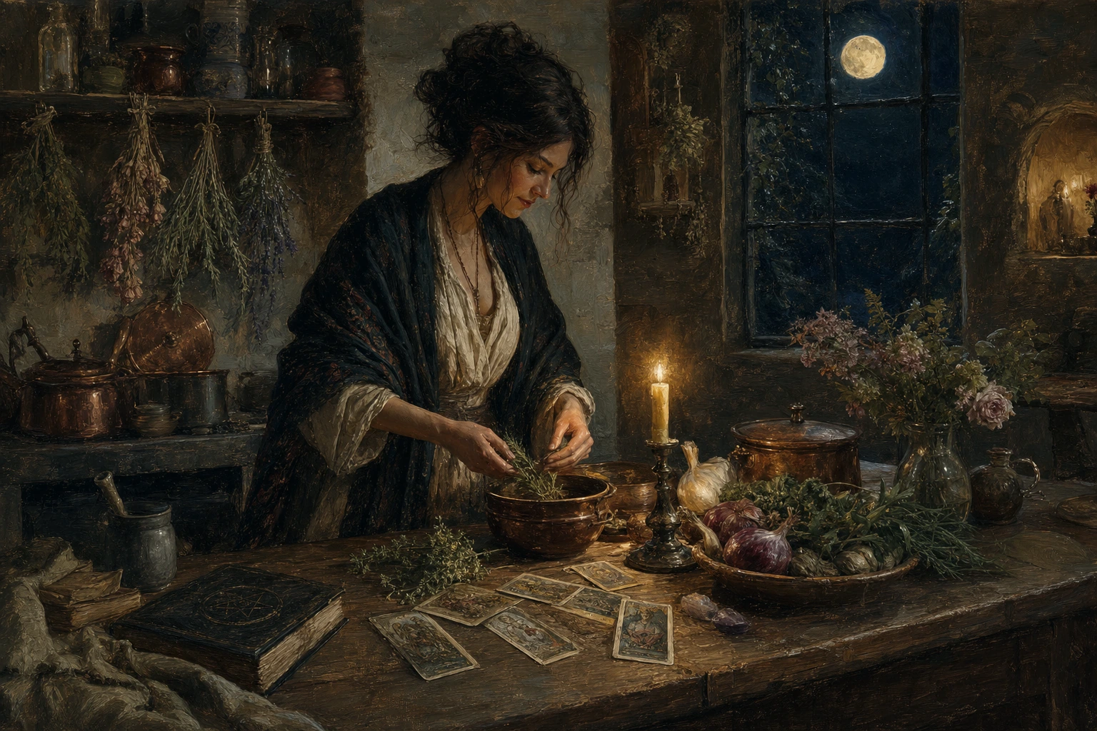 A kitchen altar with tarot cards, herbs, and golden candlelight
