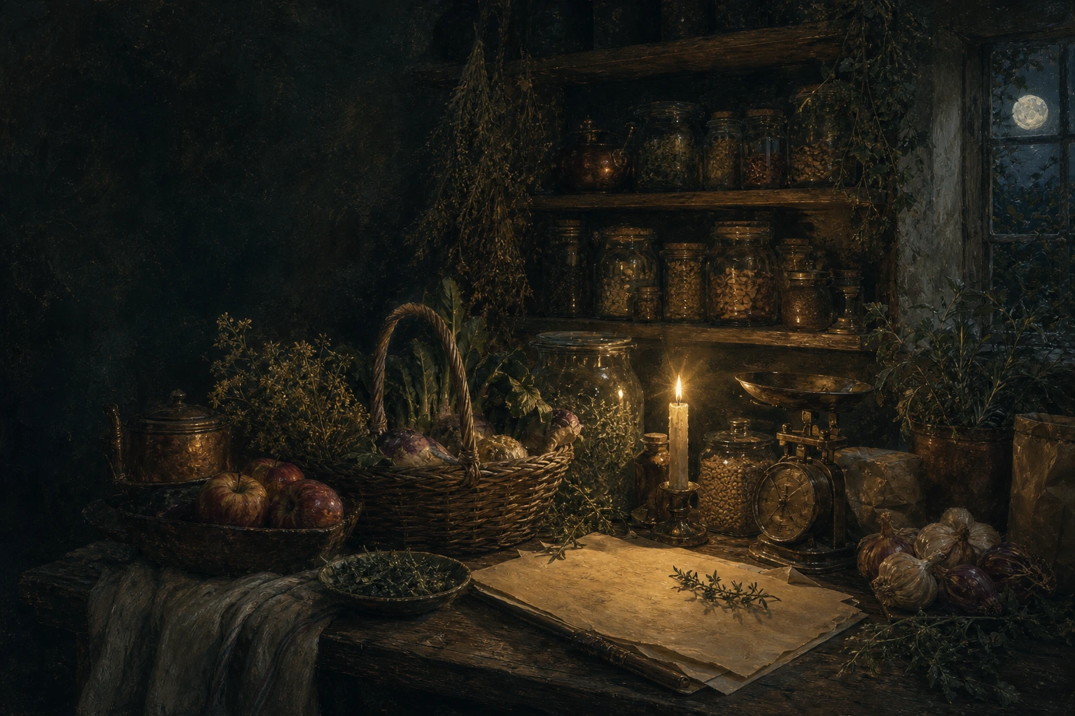 A candlelit pantry still life with jars, herbs, vegetables, a basket, copper, and a blank list.
