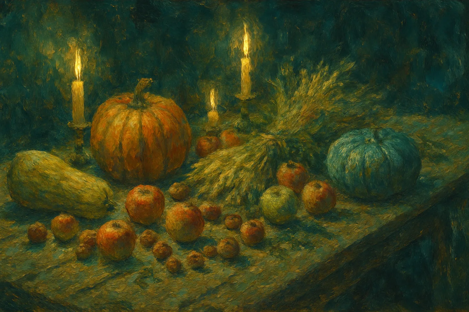Autumn leaves and harvest produce arranged in warm, earthy tones.